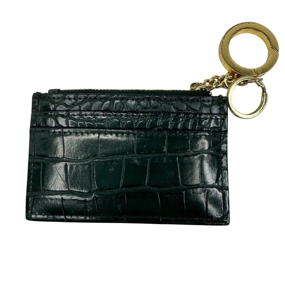 Victoria's Secret Dark Green Croc Embossed Card Case Keychain Gold V Logo Zipper